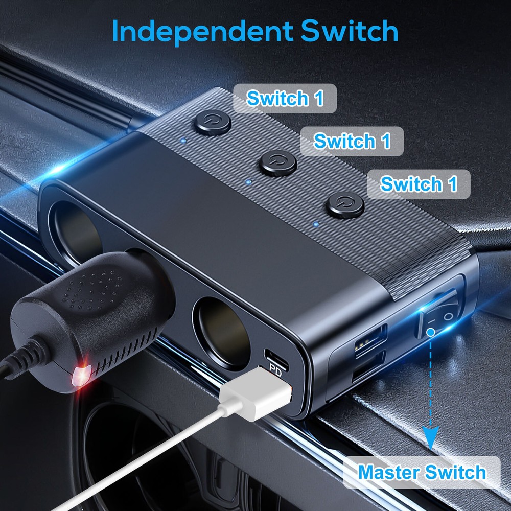 3-Way Car Cigarette Lighter Socket Splitter USB Fast Charger Power Adapter 12V
