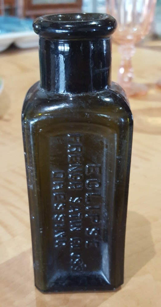 ANTIQUE OLIVE GREEN ECLIPSE FRENCH SATIN GLOSS DRESSING EMBOSSED BOTTLE