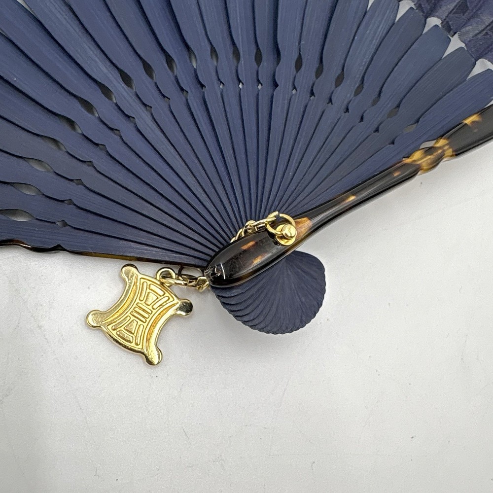 Auth CELINE Triomphe Hardware Monogram Folding Fan Navy w/ Box 2Y5146
