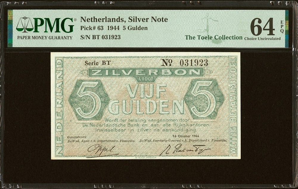 Netherlands Silver Note 5 Gulden 1944 Pick-63 CH UNC PMG 64 EPQ