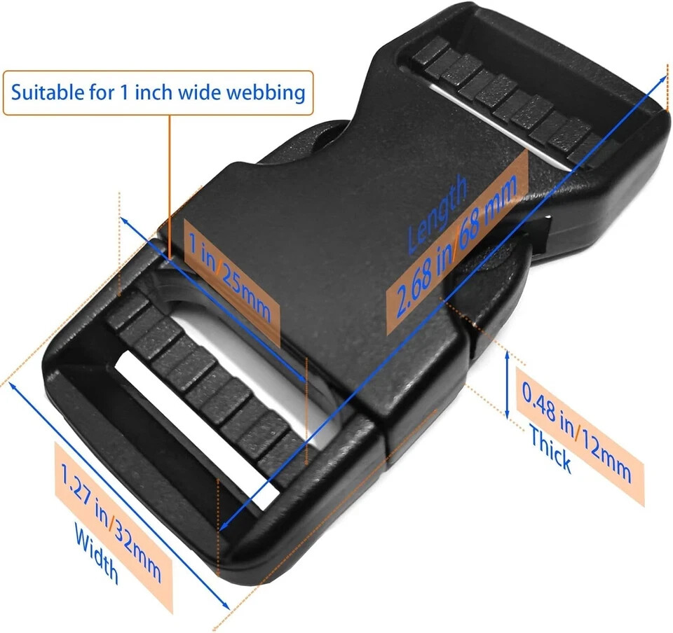 Quick Side Release Buckle for 1 inch Strap, 2 Set Plastic Black-1inch