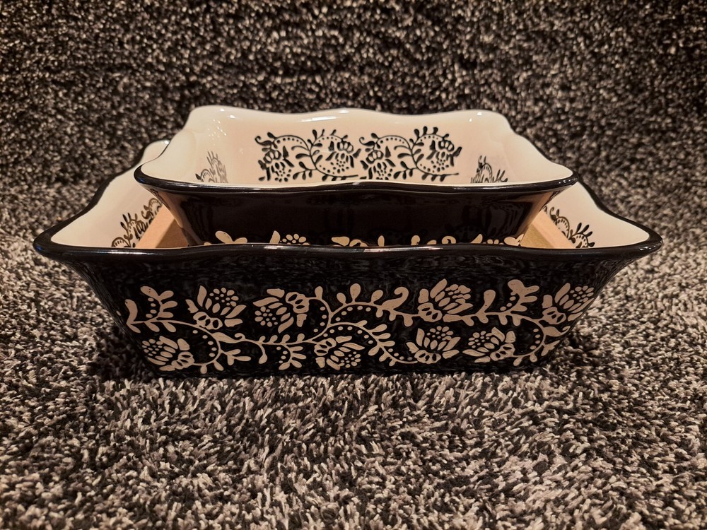 Stoneware Bread Pans, 2 Sizes - B&W Floral Pattern Glazed Ceramic Bakeware Set
