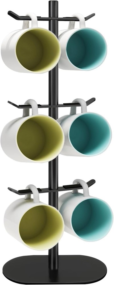 Metal Coffee Mug Rack Stand with 6 Hooks - Black Cup Holder Tree