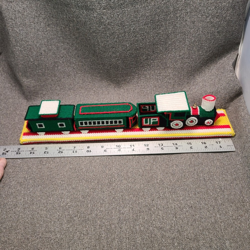 Vintage Plastic Canvas Needlepoint Train Finished Christmas Train Mounted