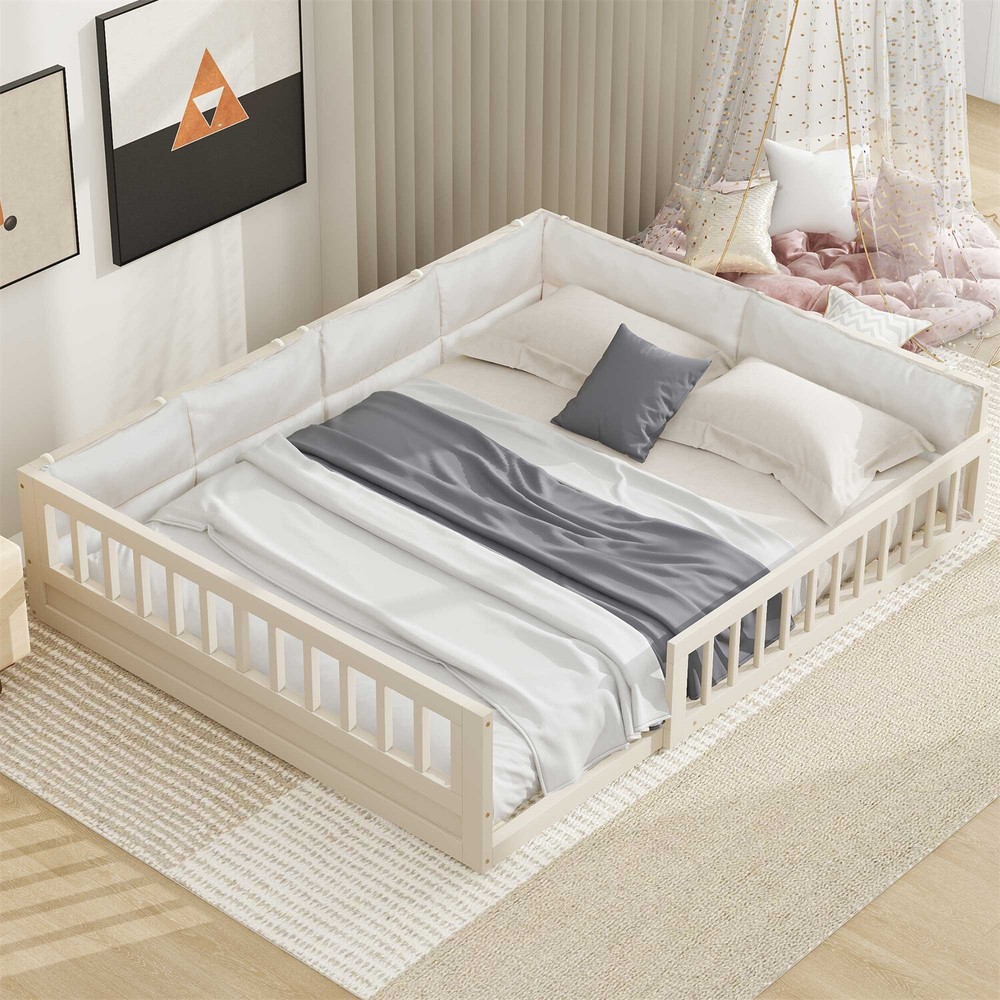 Full Size Bed Frame Upholstered Platform Bed Frame w/ Headboard Beige US
