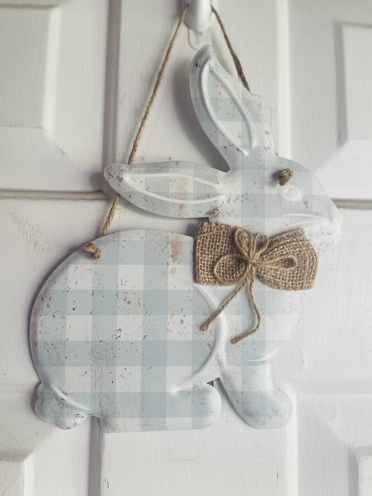 Spring Blue Gingham Hanging Metal Bunny