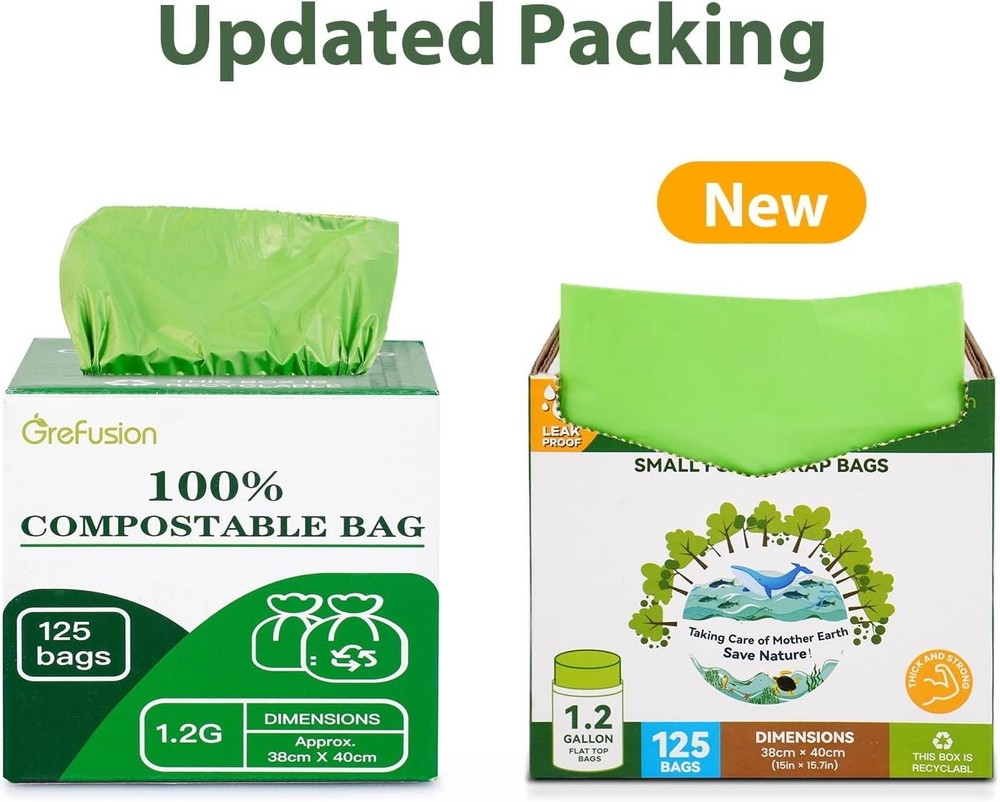 GreFusion Compostable Bags for Kitchen Compost Bin, 1.2 Gallon, 125 Count