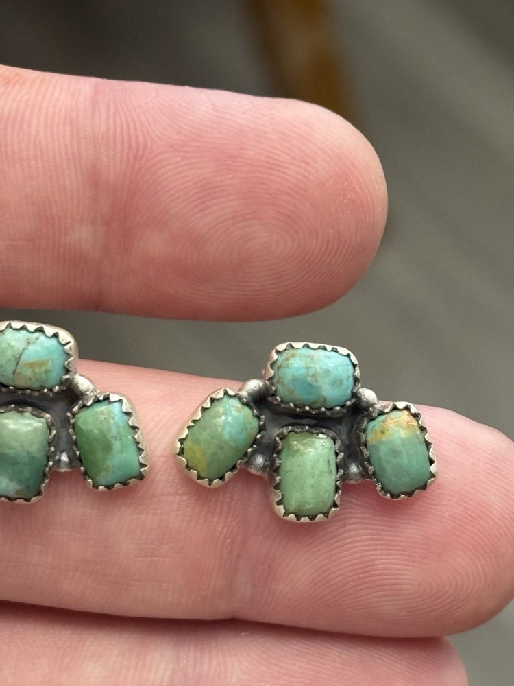 STERLING SILVER TURQUOISE 4 STONE HALF CLUSTER STUD POST EARRINGS .925