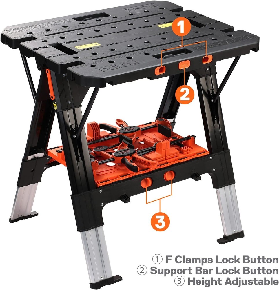 Pony Portable 2-in-1 Folding Work Table Workbench Sawhorse 1000lbs Load Capacity