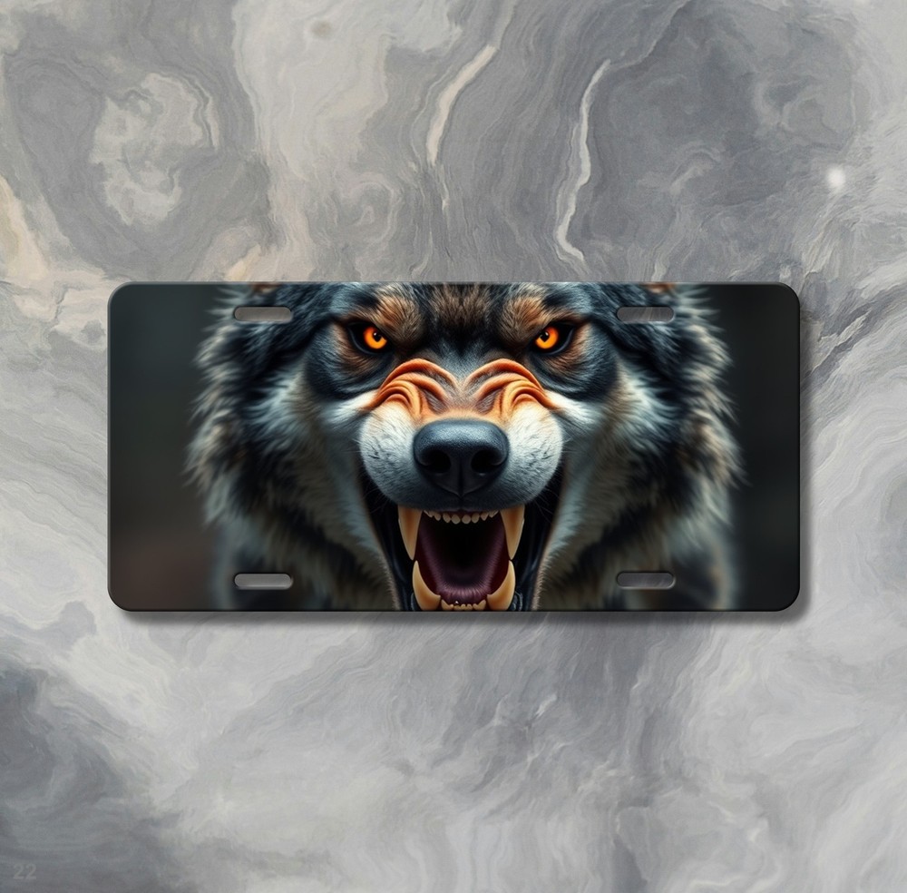 Snarling Wolf License Plate with Sharp Teeth Personalized Car Tag Special Gift