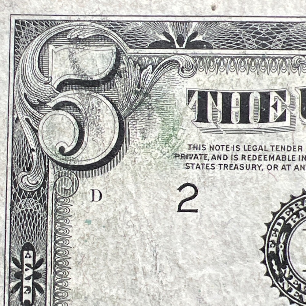 1950-A $5 ERROR NOTE ✪ PRINTING ON REVERSE ✪ OFFSET TRANSFER - Rare!