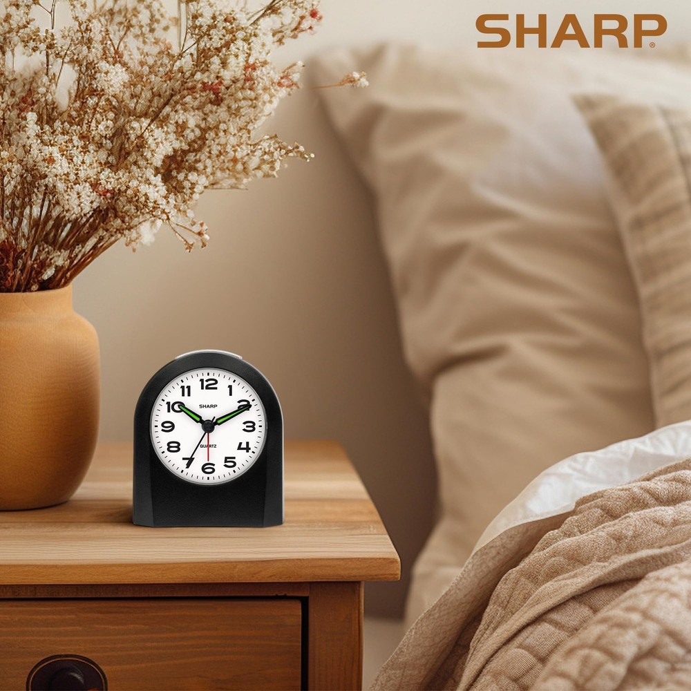 Sharp Small Battery Operated Analog Alarm Clock Silent No Ticking, Black