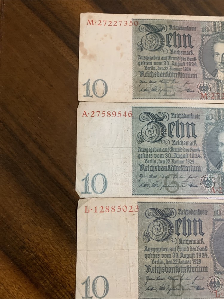 1929 Germany 10 mark Banknote Lot 3 Pcs