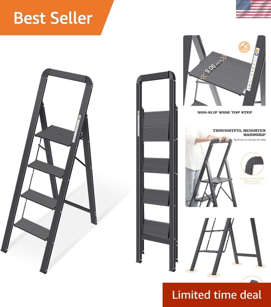 Space-Saving Black Step Ladder with 4 Anti-Slip Steps & Convenient Handrail