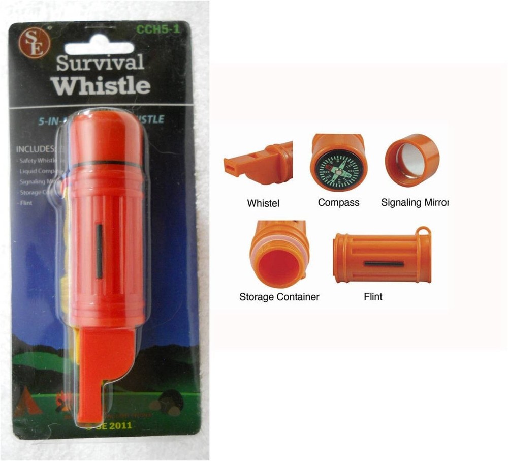 5 in 1 Survival Whistle Compass Fire Flint Storage Container Mirror ABS Plastic