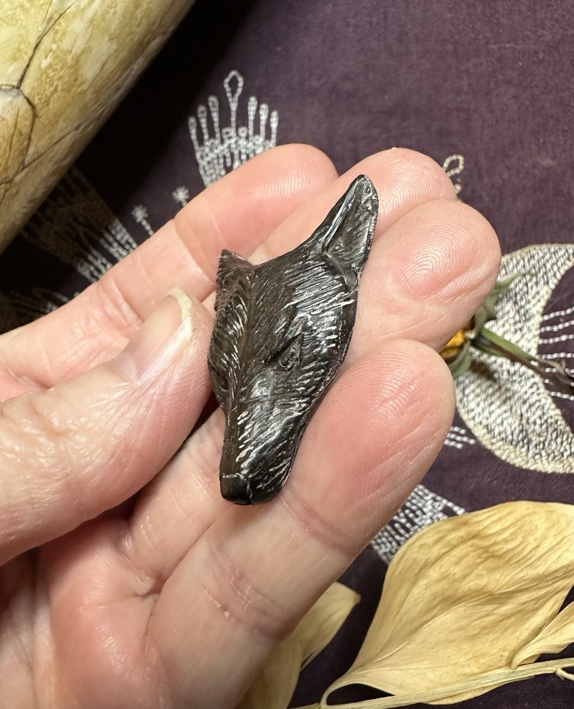Bovine Bone Black Wolf Head Carving, Ethically Sourced Cow Bone