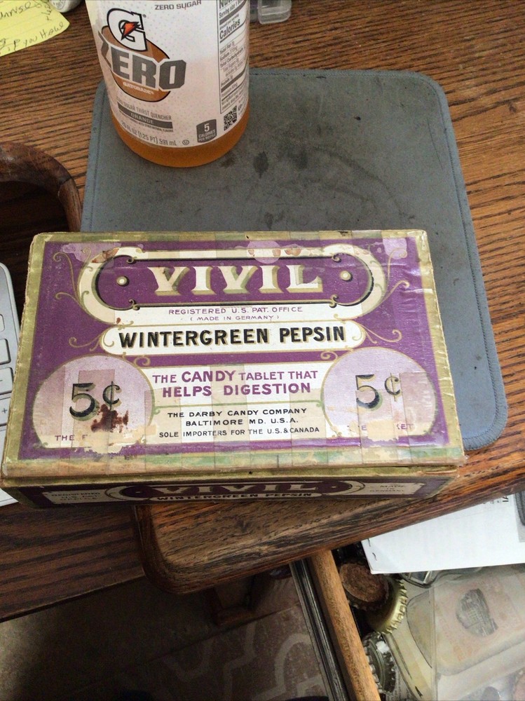 6.5” Wide X 4 Deep Candy Container. Darby Vivil Wintergreen Pepsin, 1900’s