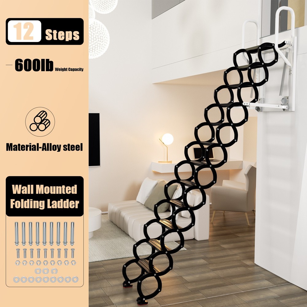 Wall Mounted Folding Ladder Black Loft Attic Stairs Pull down 12 Steps👍