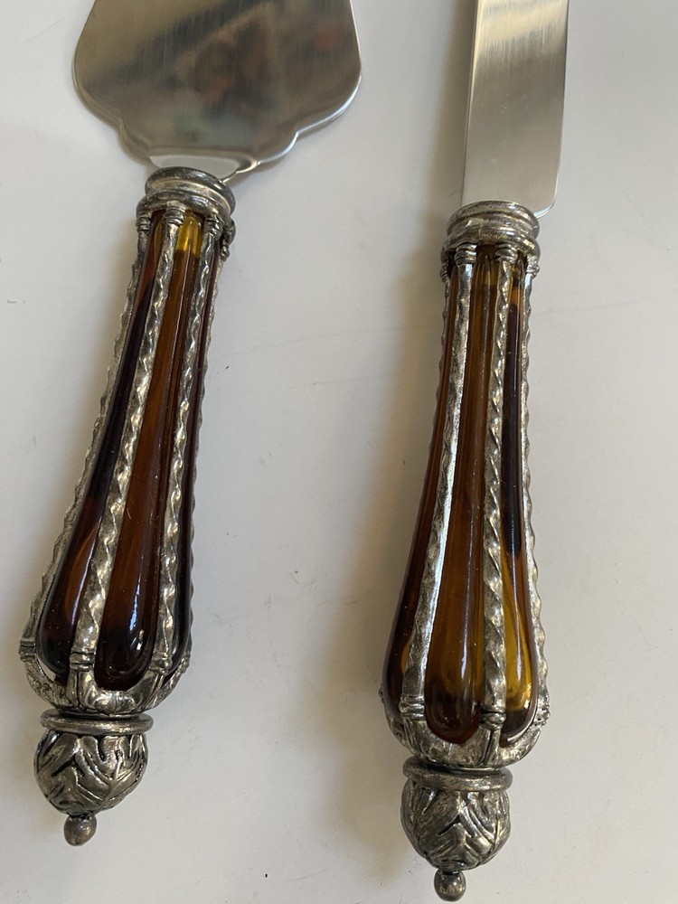 Wallace Silversmith Amber Glass Silver plate Cake Knife And Server Set