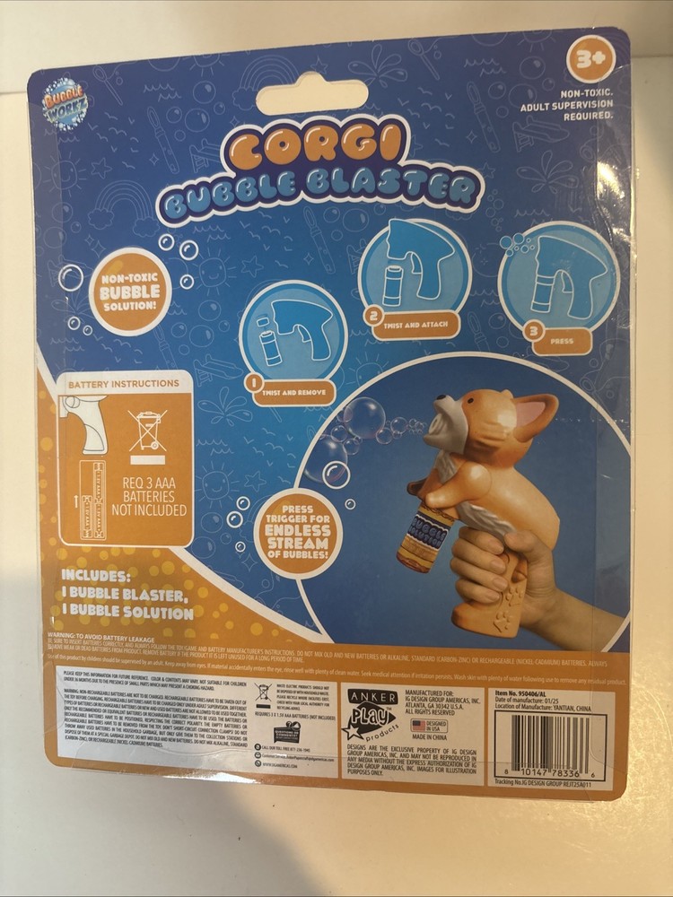 Corgi bubble blaster. Non toxic bubble solution. Battery operated