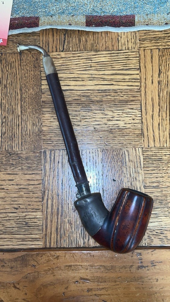 Antique 19th C Austrian Tyrolean Long Stem Pipe – Engraved , 1849 silver fitting