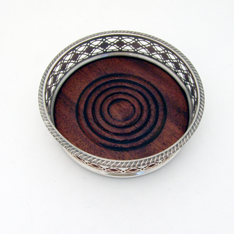 Silver Plated Openwork Wine Coaster Wooden Base