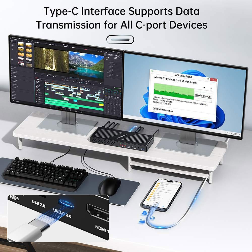 Acasis 4K 60Hz HDMI 2 Monitors 2 Computers Type-C DisplayPort KVM Switch