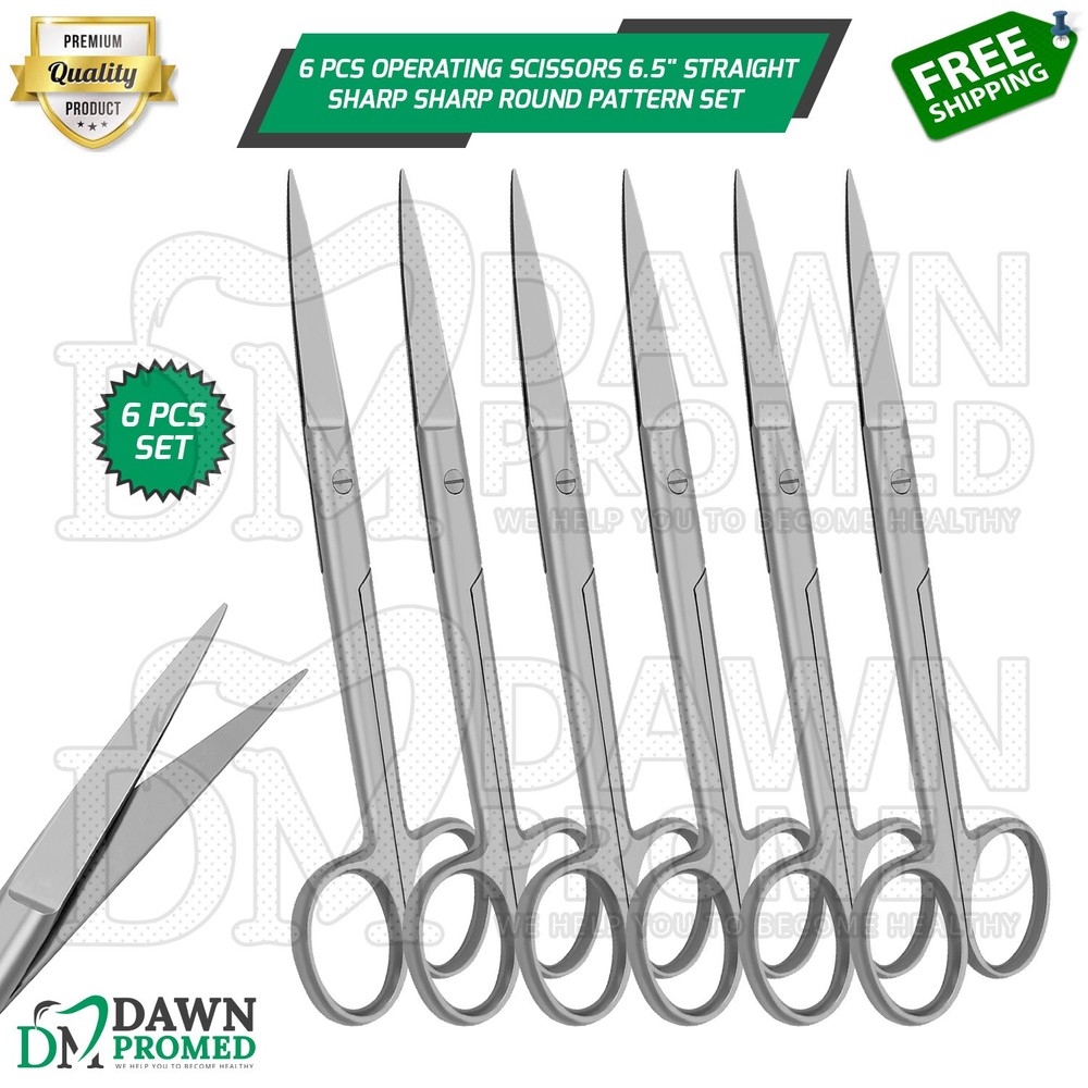 6 Pcs Operating Scissors 6.5" Straight Sharp Sharp Round Pattern Surgical Set
