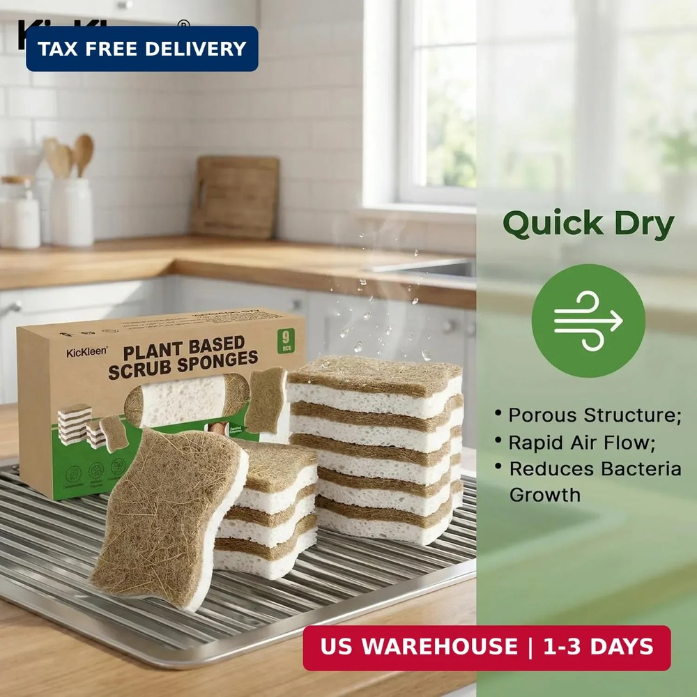 9 Pack Kickleen Biodegradable Natural Kitchen Sponges - Compostable Cellulose