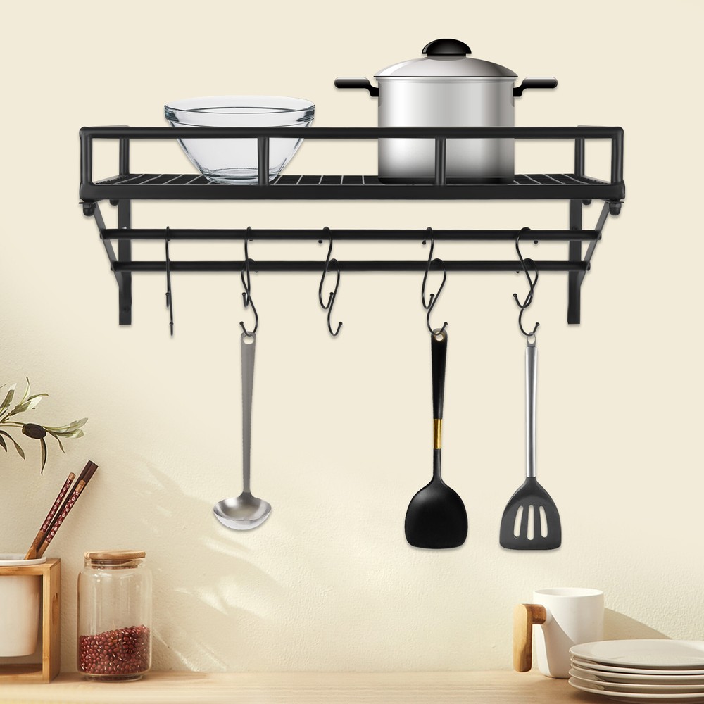 24 Inch Wall Mounted Pot Rack with 2 Hanging Rails and 10 Hooks