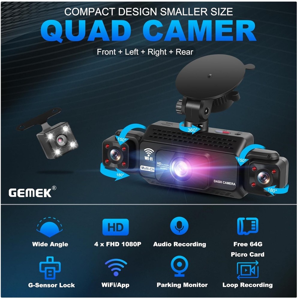 360° View 4 Channel Dash Cam 2K Front Rear Inside G-Sensor