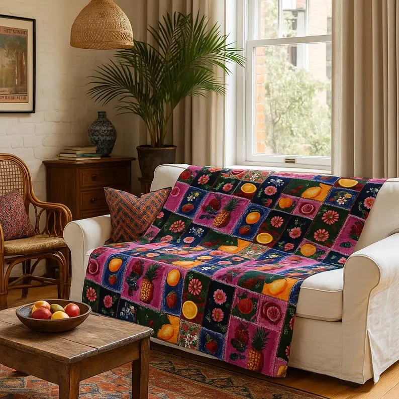Boho Fruit Patchwork Velveteen Blanket Playful Decor