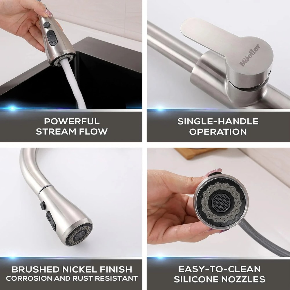 Mueller Pull-Down Kitchen Faucet Brushed Stainless Steel Single Handle 360° 10pc