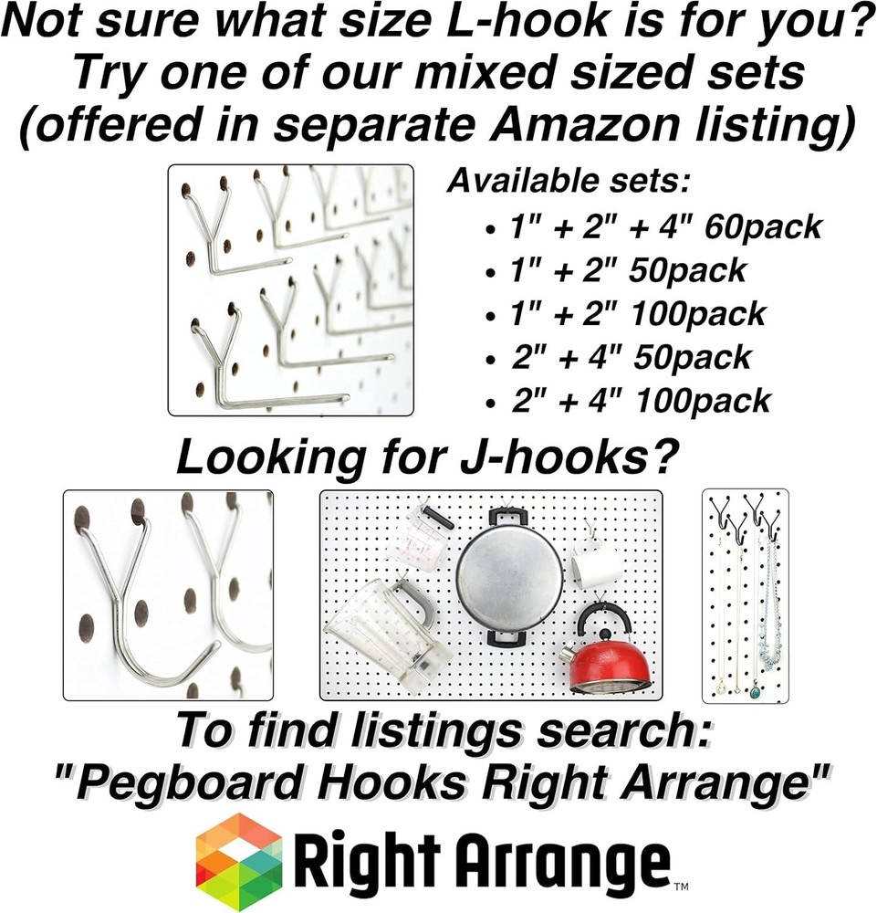 Stainless Steel Pegboard Hooks 50-Pack - Secure & Versatile Tool Storage