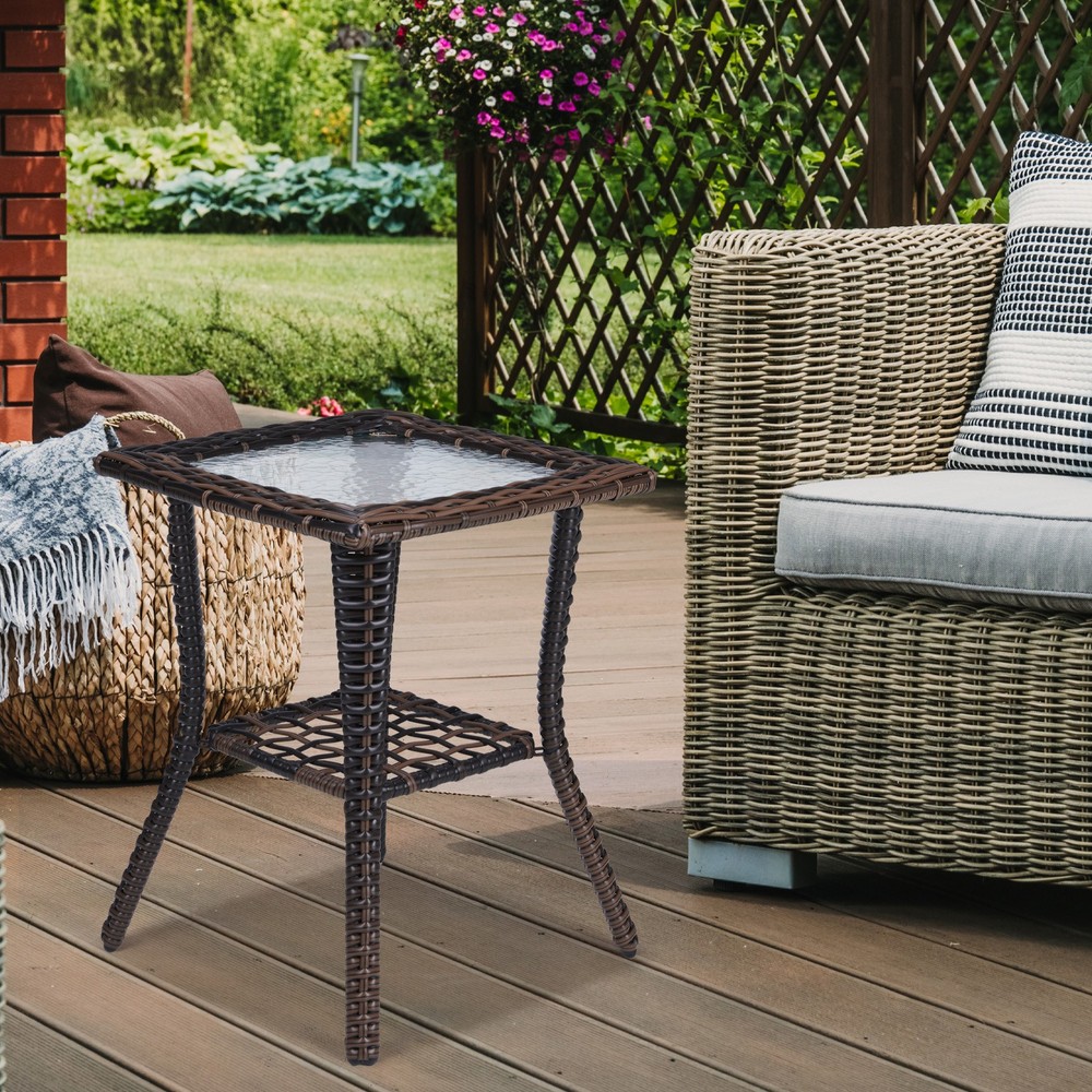 Wicker Side Table, Rattan End Table with Glass Top, Patio Coffee Bistro Table