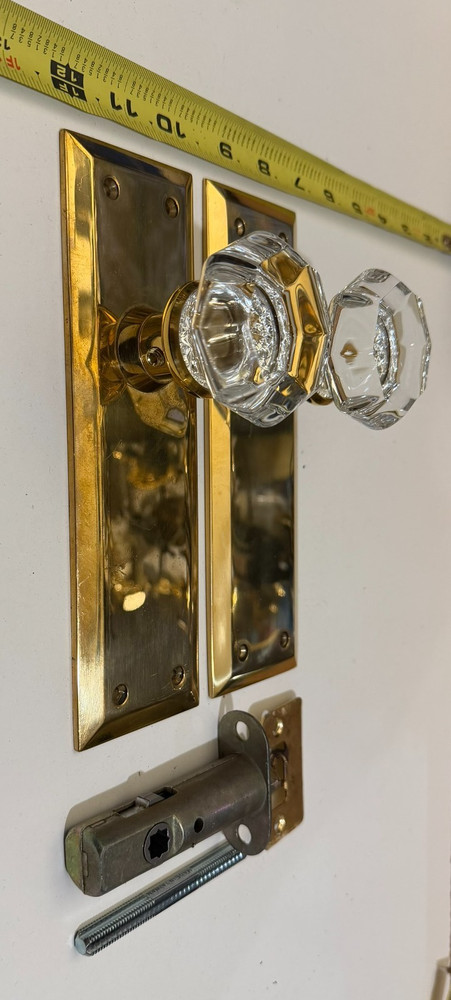 Solid Brass Door Knob Set – Beveled Escutcheon – Fluted Glass Knobs – 8" Set