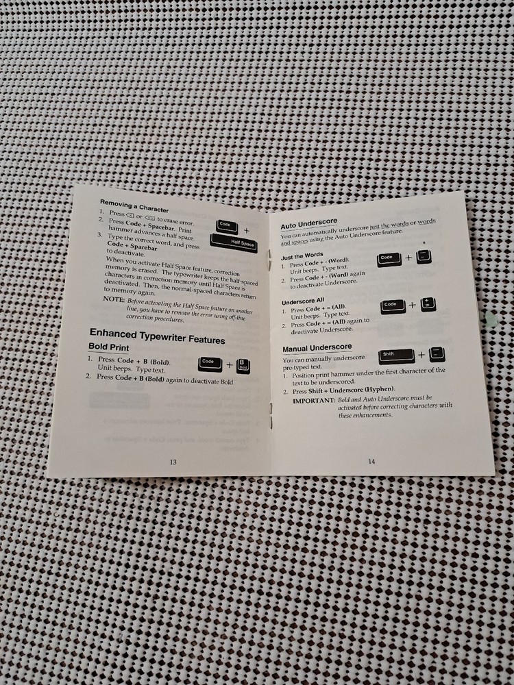 Quick Reference Manual, Smith Corona Sterling & Enterprise Electronic Typewriter