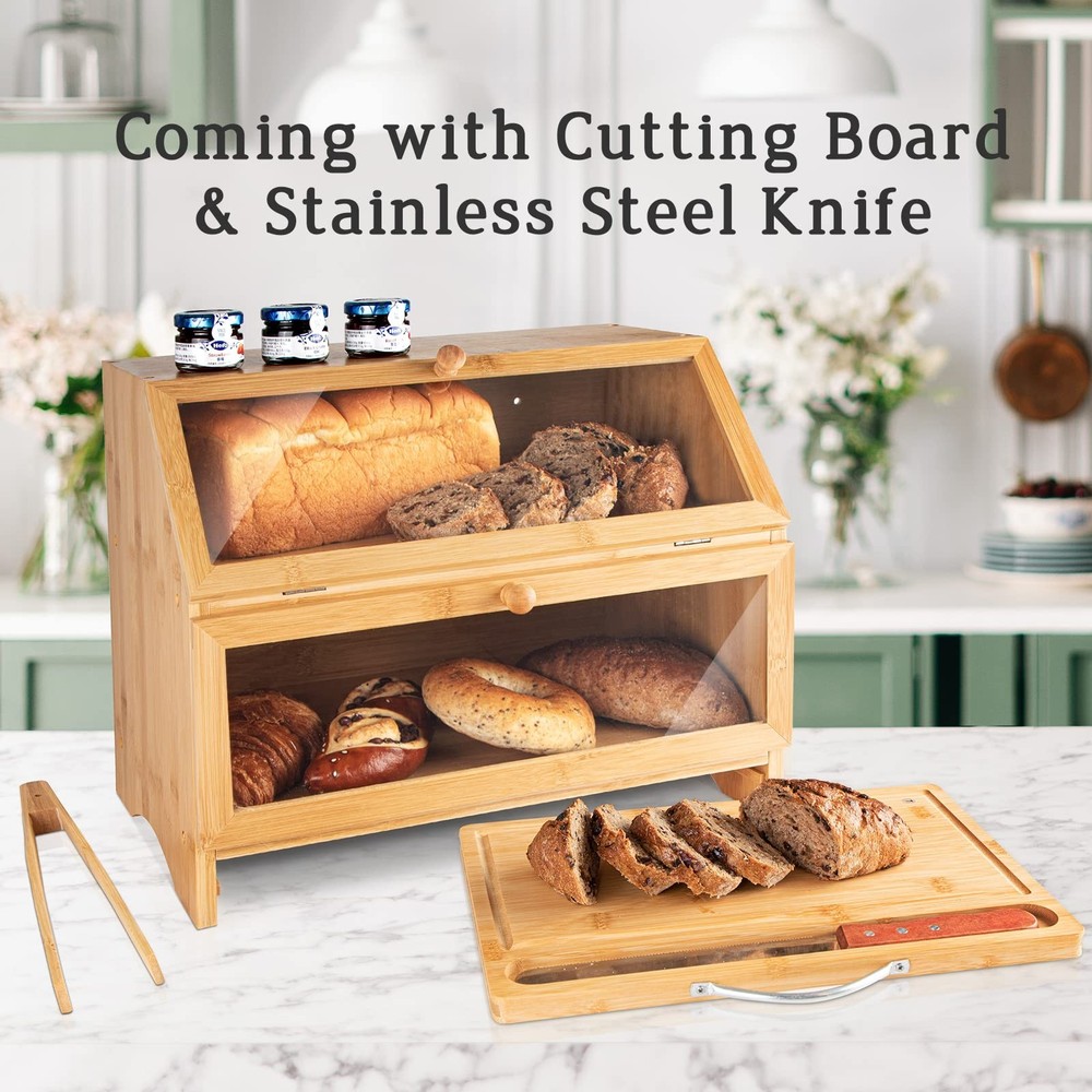 MAISONPEX Double Layer Bamboo Bread Box for Kitchen Countertop, Cutting Board...