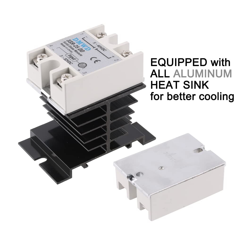 SSR-25DD Solid State Relay DC to DC (Input 3-32V DC Output 5-60V DC) with Hea...