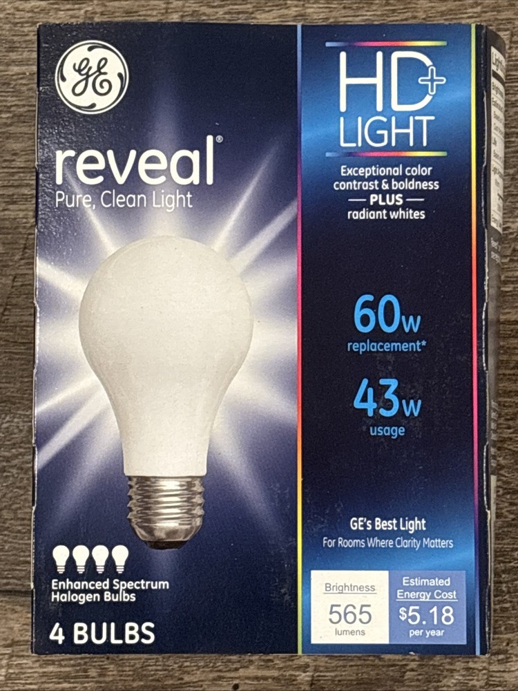 4-Pack GE Reveal 60 Watt Light Bulbs Enhanced Spectrum; New In Box!