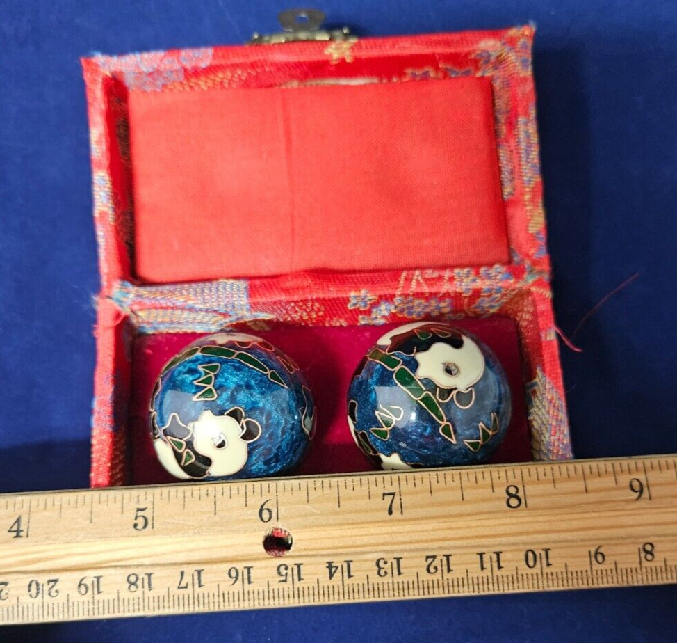 Vintage Chinese Baoding Balls Original Box & Sticker, Chimes, Blue w Panda Bears