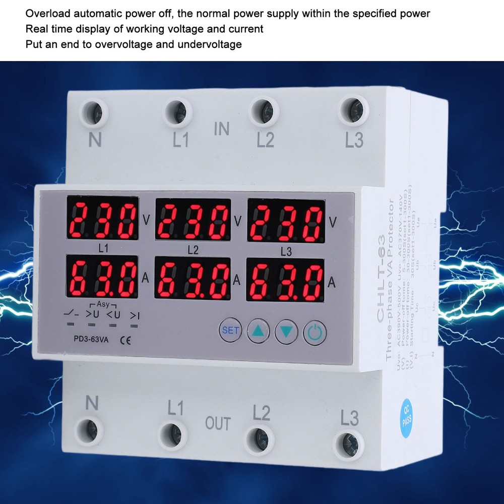 3 Phase DIN Rail Voltmeter Ammeter Auto Overvoltage Overcurrent Protector AC 63A