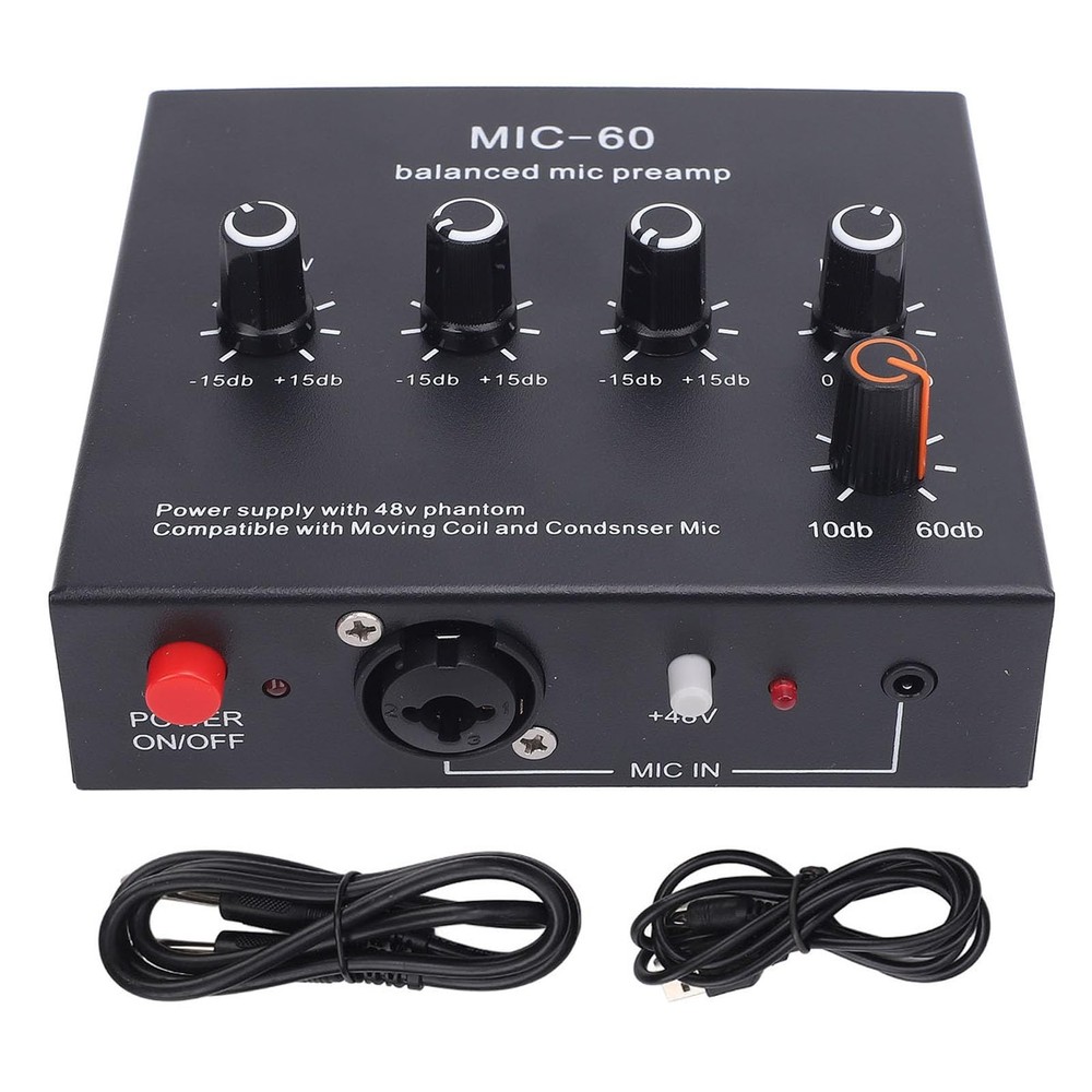 "60dB Microphone Preamp with 48V Power, 3 Inputs, XLR, 3.5mm, 6.35mm Interface"