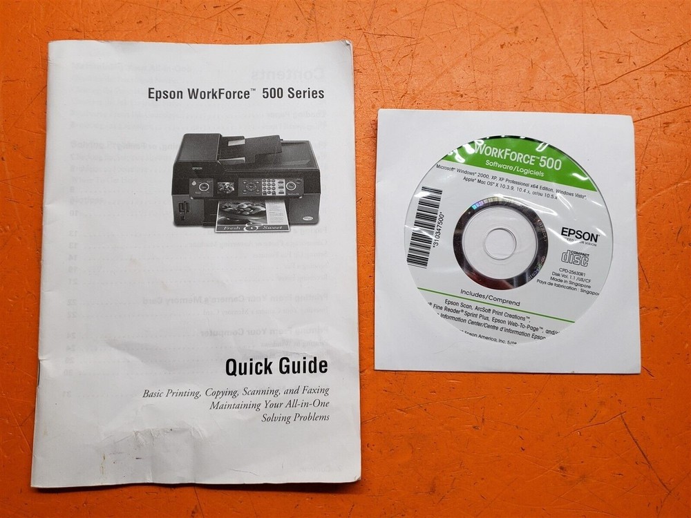 ⭐️⭐️⭐️⭐️⭐️ Epson WorkForce 500 Series Quick Guide Manual & Software CD Disc