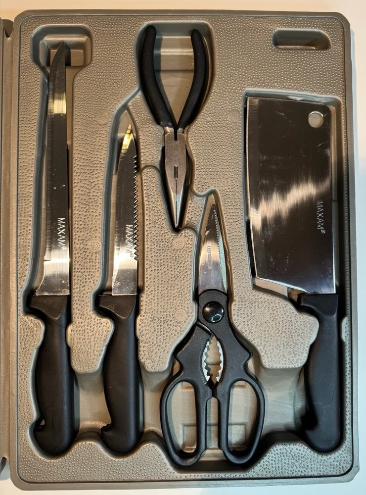 Fishing and game processing knife set in hard plastic case by Maxam.