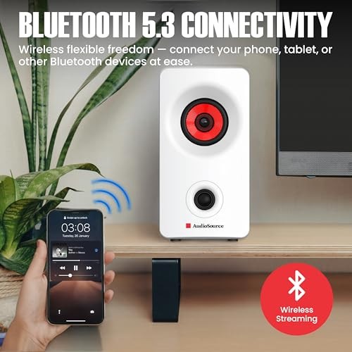 Audiosource Desktop PC Speakers with Bluetooth 5.3, USB-C Plug & Play, White
