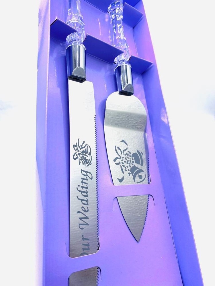 OUR WEDDING CAKE KNIFE AND SERVER SET EMBOSSED WITH BELL DESIGN - SILVER
