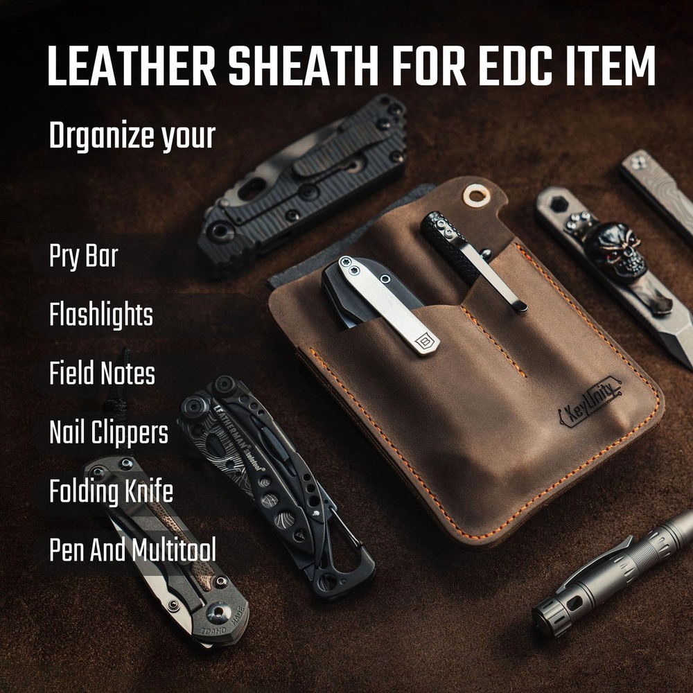 KL01 Leather Pocket Organizer with 3 Pouch, EDC Multitool Sheath for Notebook...