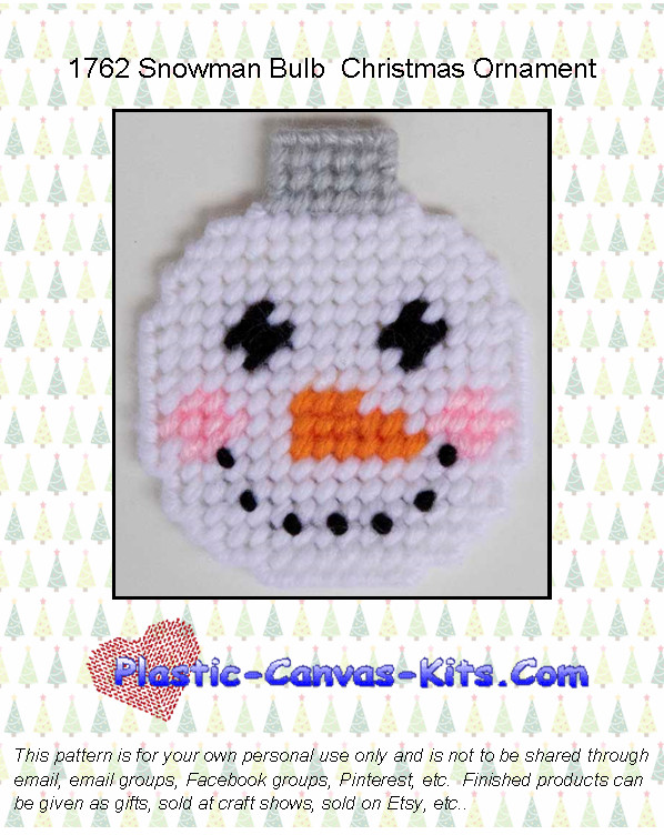 Snowman Bulb Christmas Ornament- Plastic Canvas Pattern or Kit