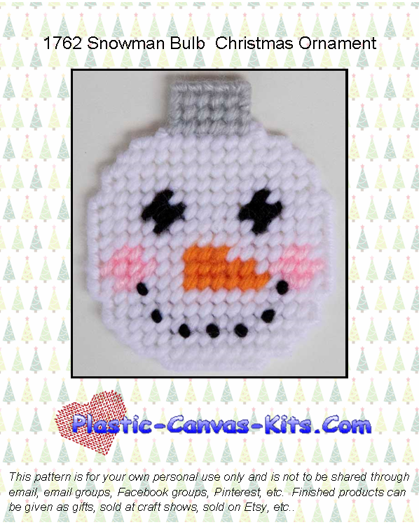 Snowman Bulb Christmas Ornament- Plastic Canvas Pattern or Kit